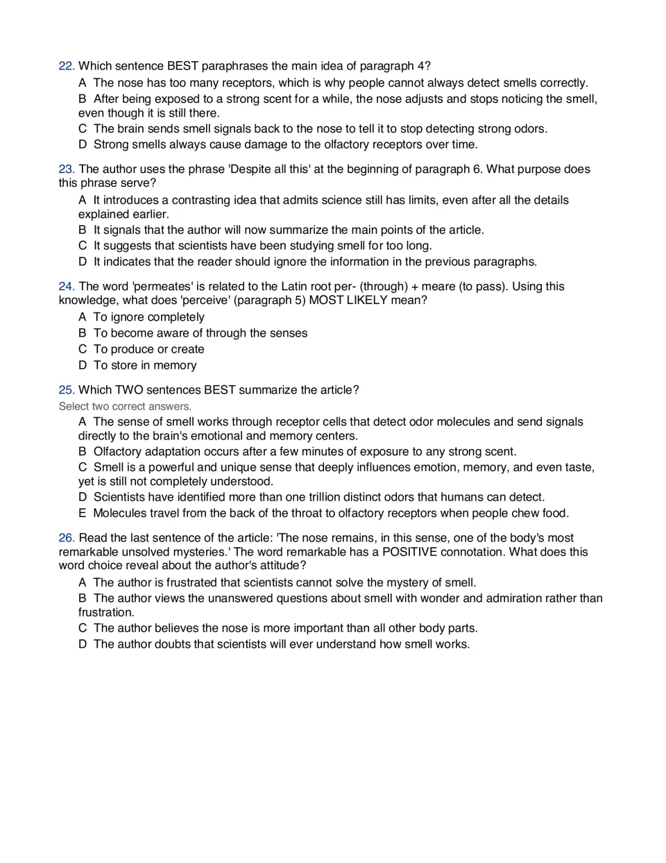 The Science of Smell questions 22-26: students paraphrase, pick two summaries and use roots and connotation for meaning