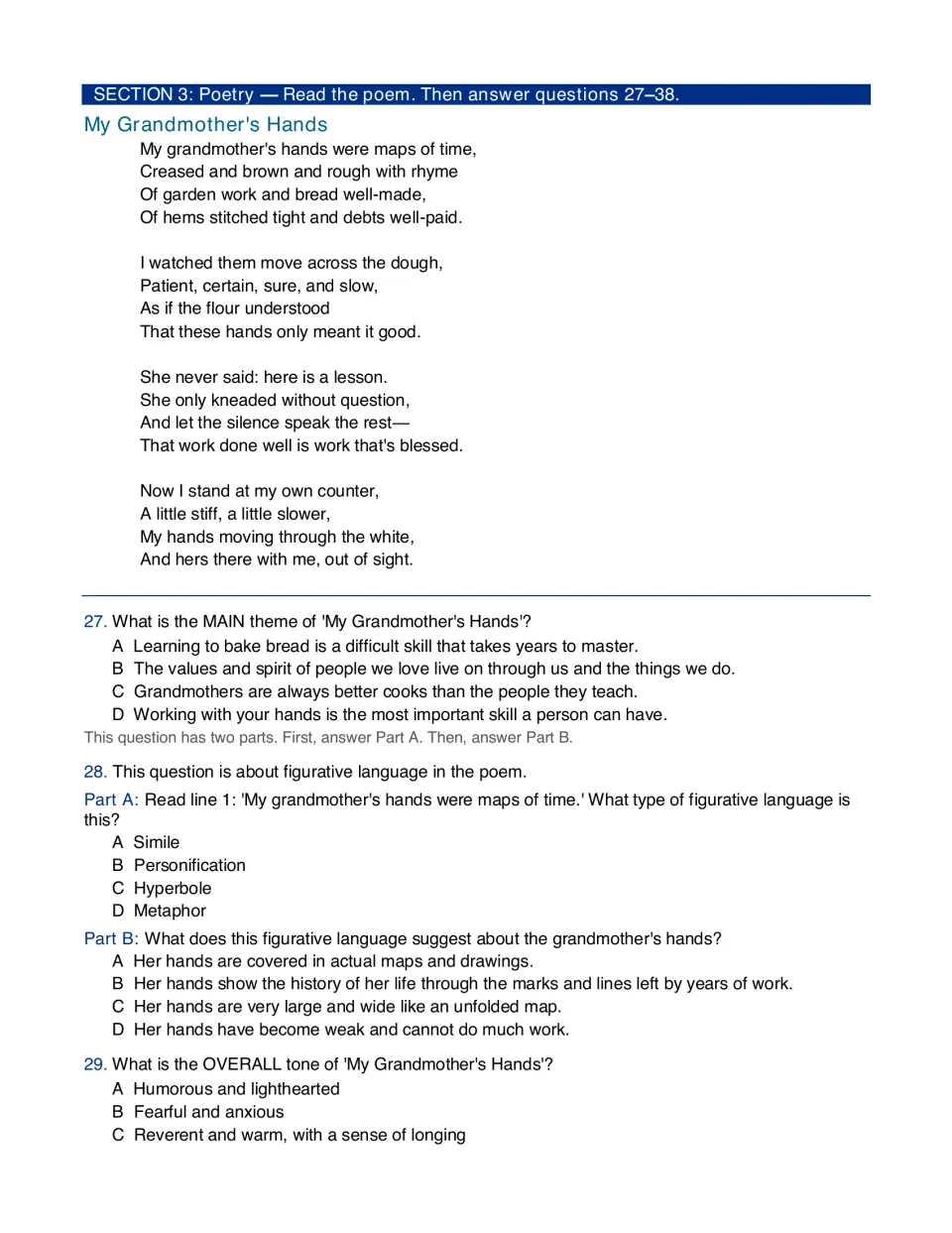Poetry 'My Grandmother's Hands': students read the four-stanza poem, then answer questions 27-29 on theme, metaphor, tone