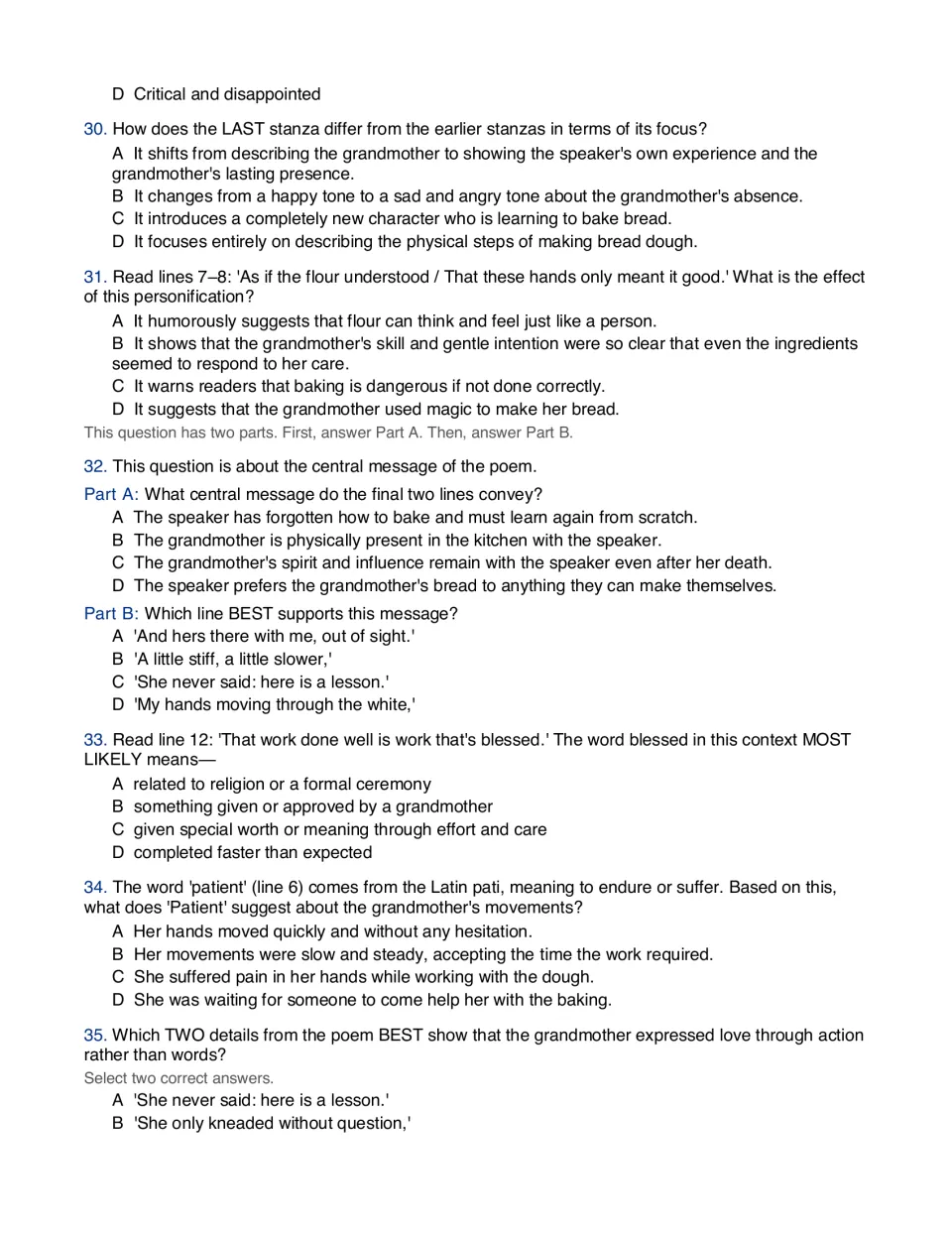 My Grandmother's Hands questions 30-35: students analyze the last stanza shift, personification, central message and roots