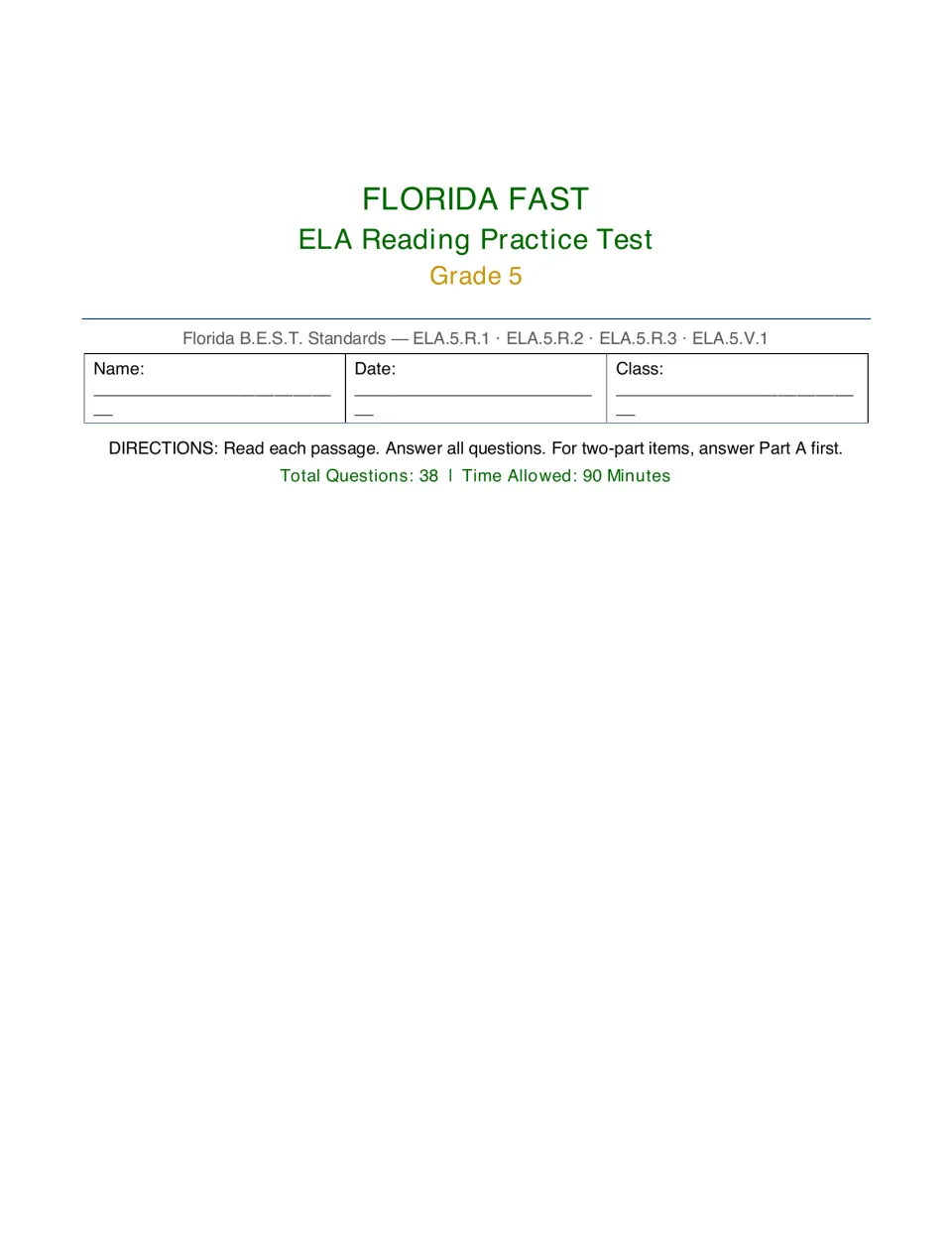 Reading practice test opener: name, date and class fields, directions for two-part items, 38 questions in 90 minutes