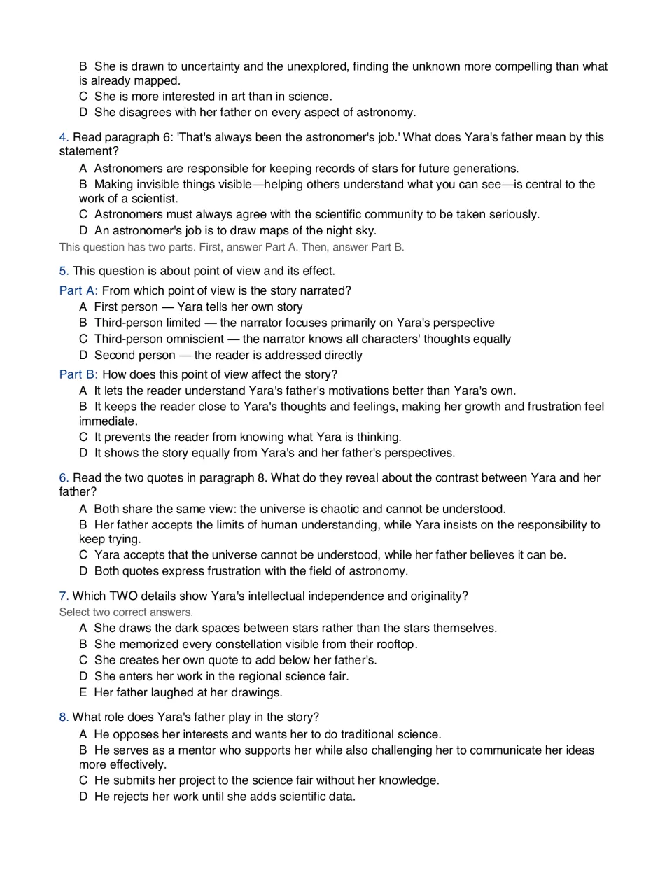 Story questions 4-8: students analyze a character's words, point of view, the father's role and the contrast in two quotes