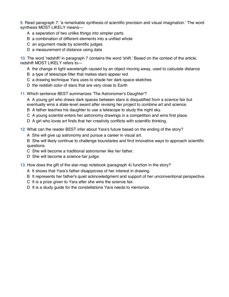 Story questions 9-13: students define synthesis and redshift from context, choose the best summary and make an inference