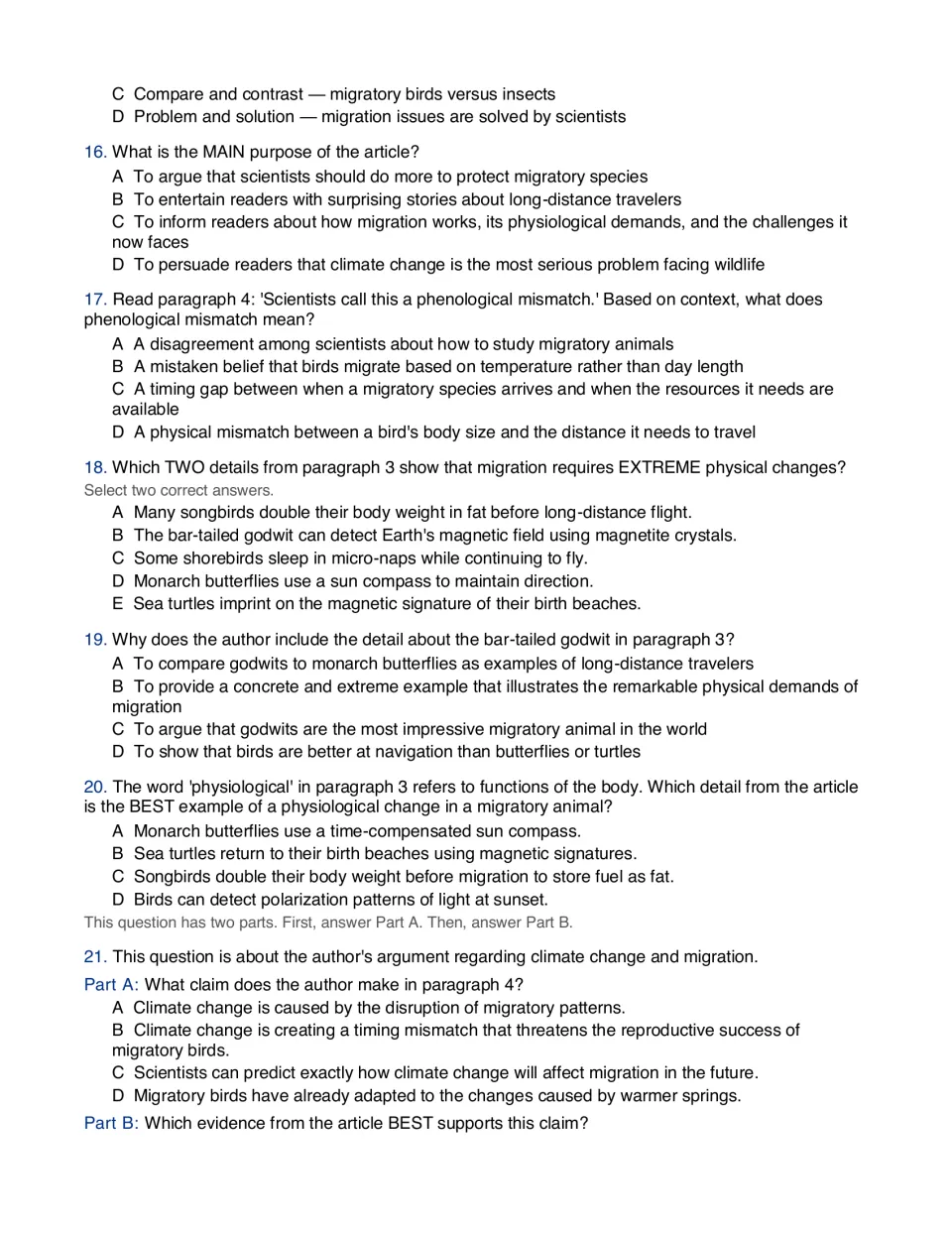 Migration article questions 15-21: students identify text structure, author's purpose and word meaning from context