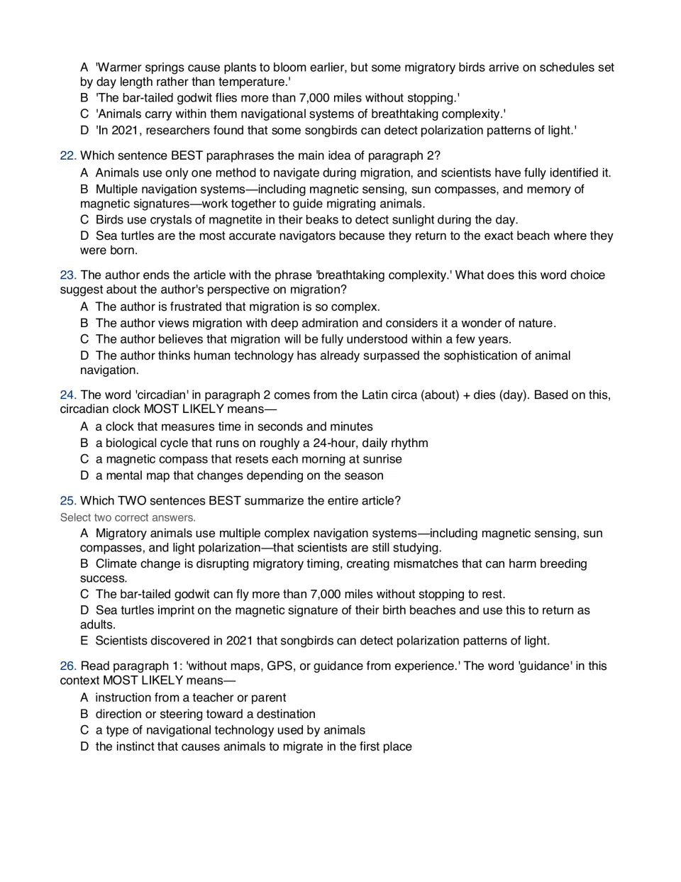 Migration questions 21-26: students paraphrase paragraph 2, use Latin roots for circadian and pick two summaries