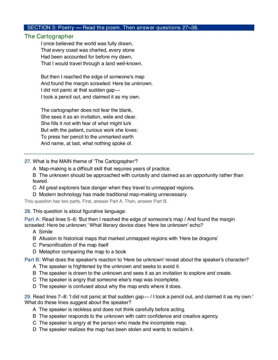 Poem 'The Cartographer': students read three stanzas, then answer questions 27-29 on theme and the 'Here be' allusion