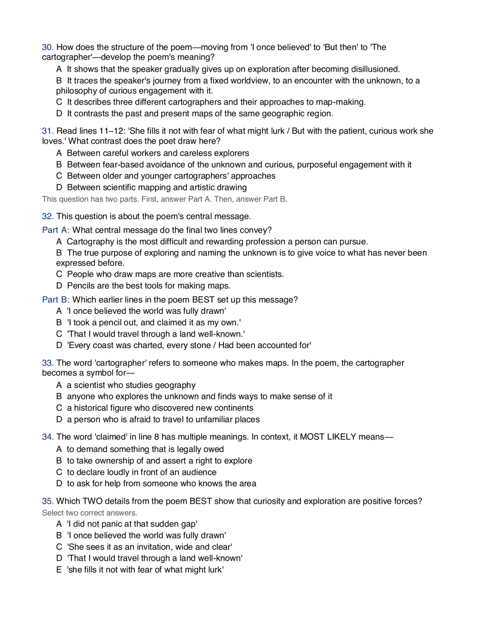 Poem questions 30-35: students analyze structure, contrast, symbolism, the meaning of claimed and two supporting lines