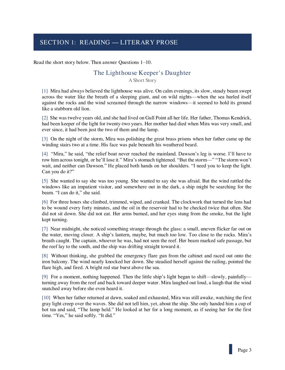 Short story 'The Lighthouse Keeper's Daughter': students read 10 paragraphs about Mira keeping the light in a storm