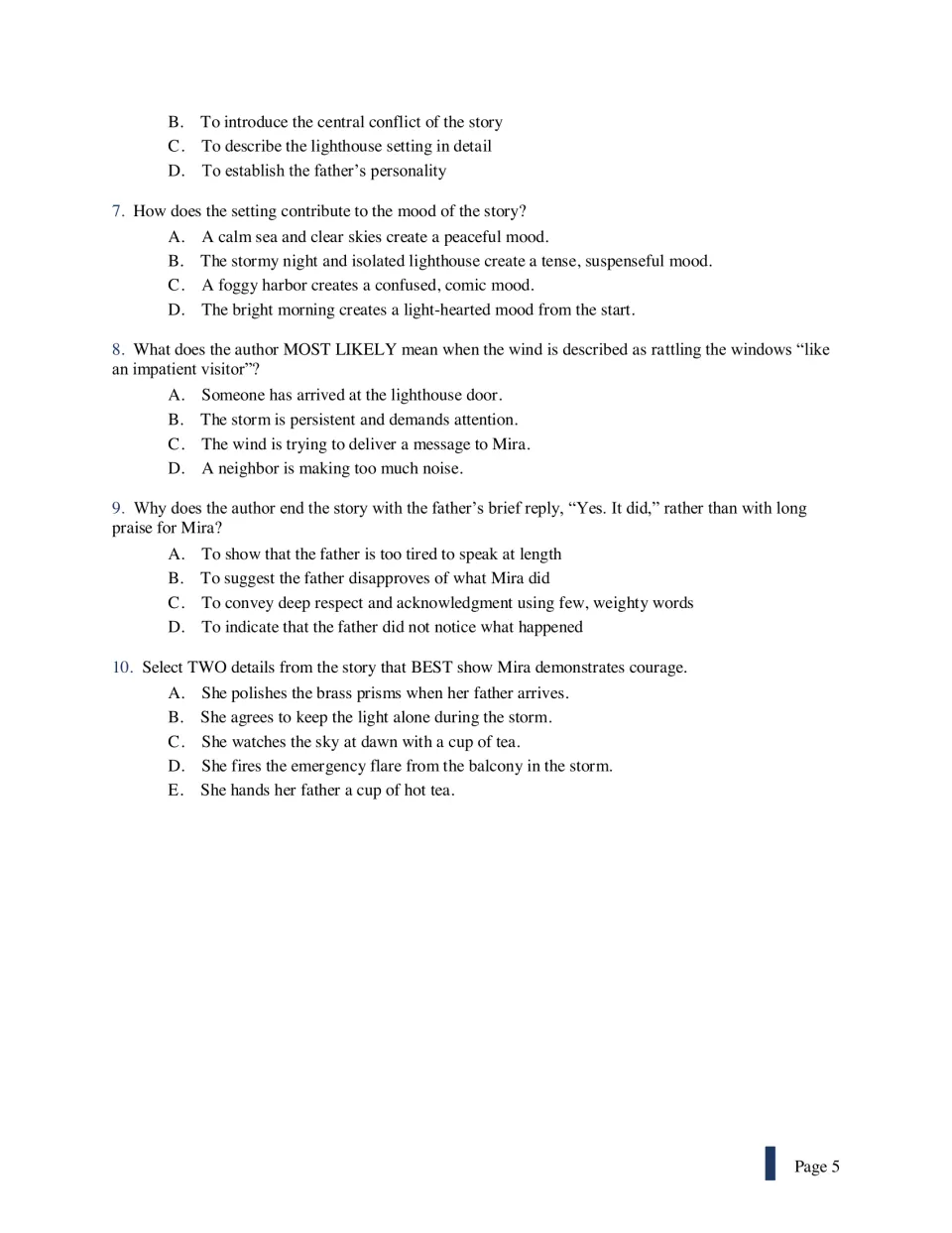 Items 7-10 on the lighthouse story: setting and mood, figurative language, the ending and choosing two courage details