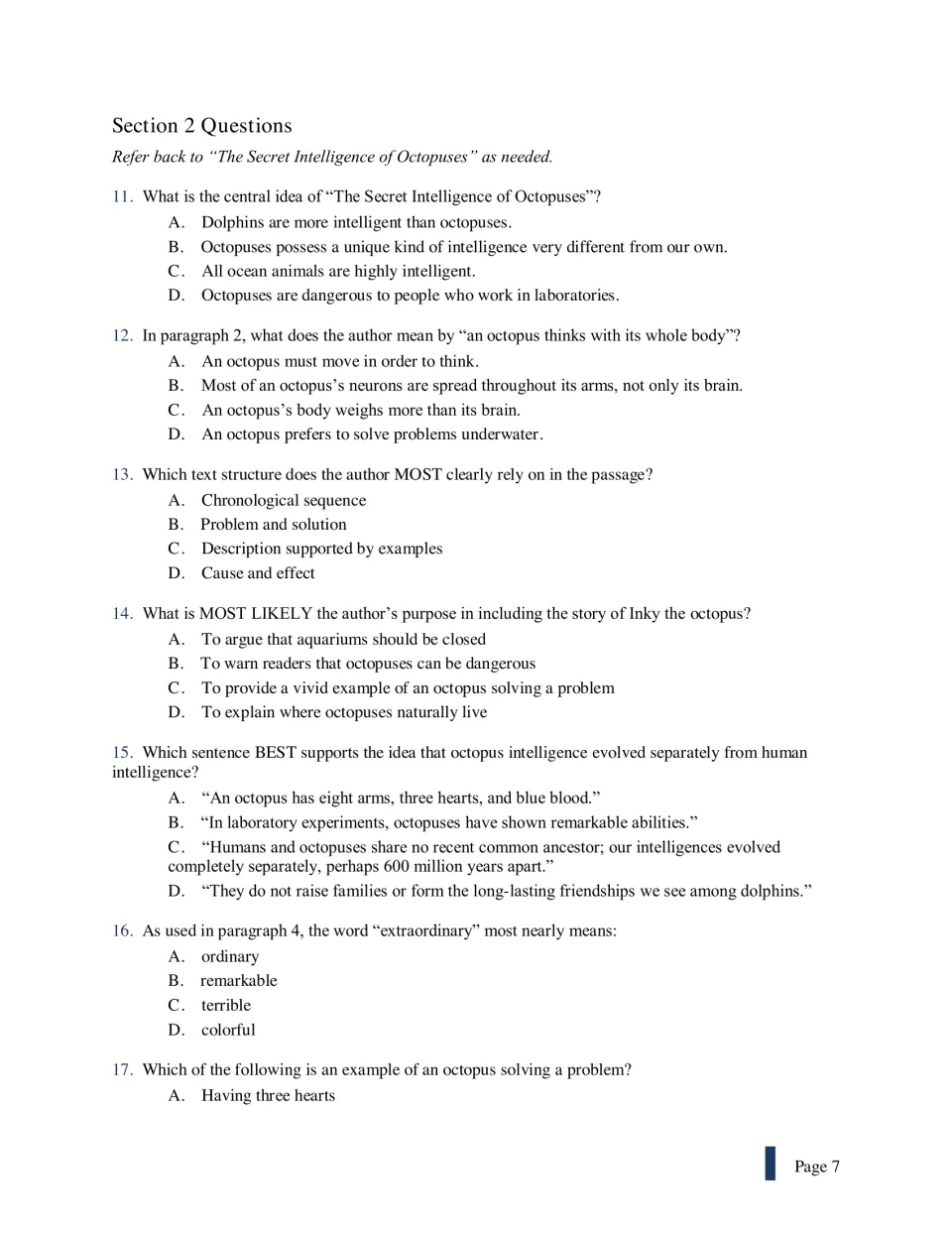 Octopus article questions 11-17: central idea, text structure, author's purpose, supporting evidence and word meaning