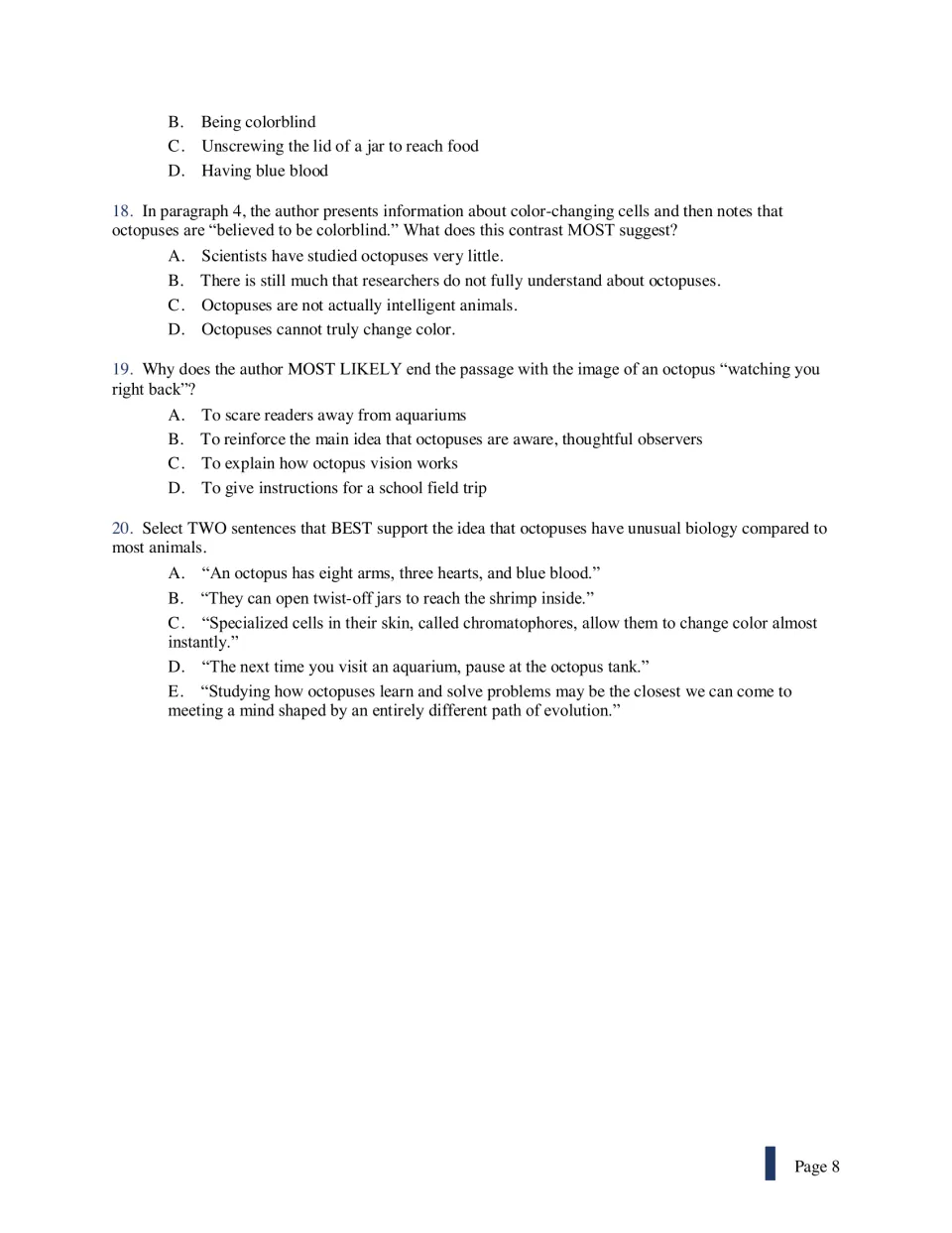 Final octopus items 18-20: the contrast in paragraph 4, the closing image and two sentences showing unusual biology