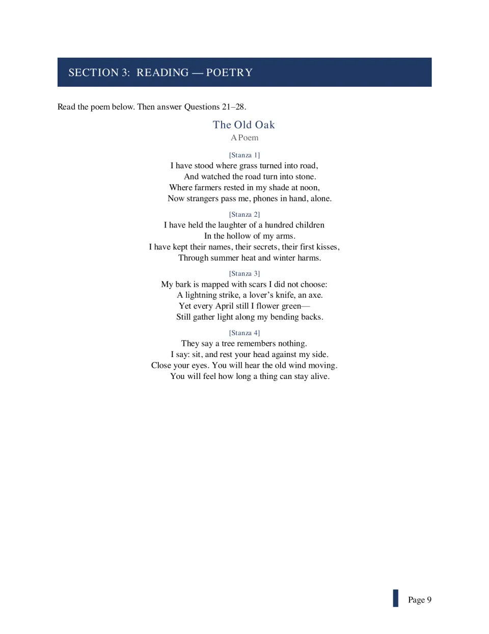 Poetry section: 'The Old Oak', a four-stanza poem told by a tree about change, memory and scars, for questions 21-28