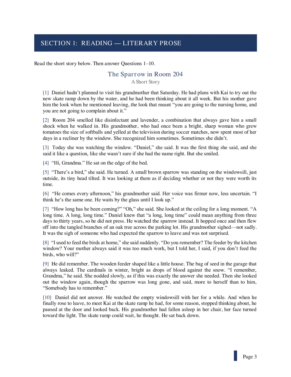 Literary prose passage The Sparrow in Room 204: students read about Daniel visiting his grandmother in a nursing home