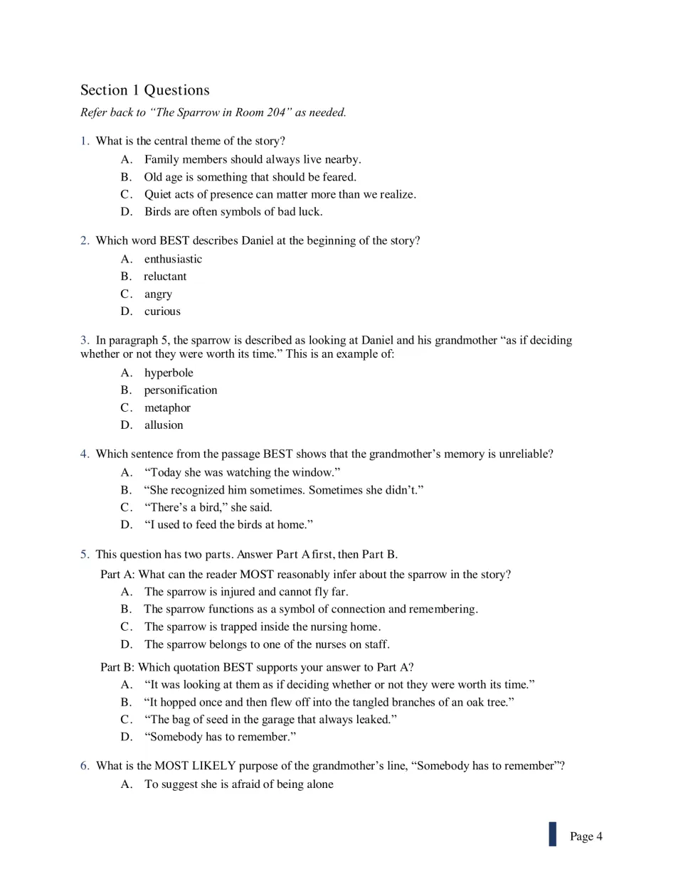 Questions 1-6 on The Sparrow in Room 204: theme, character, personification and a two-part inference about the sparrow