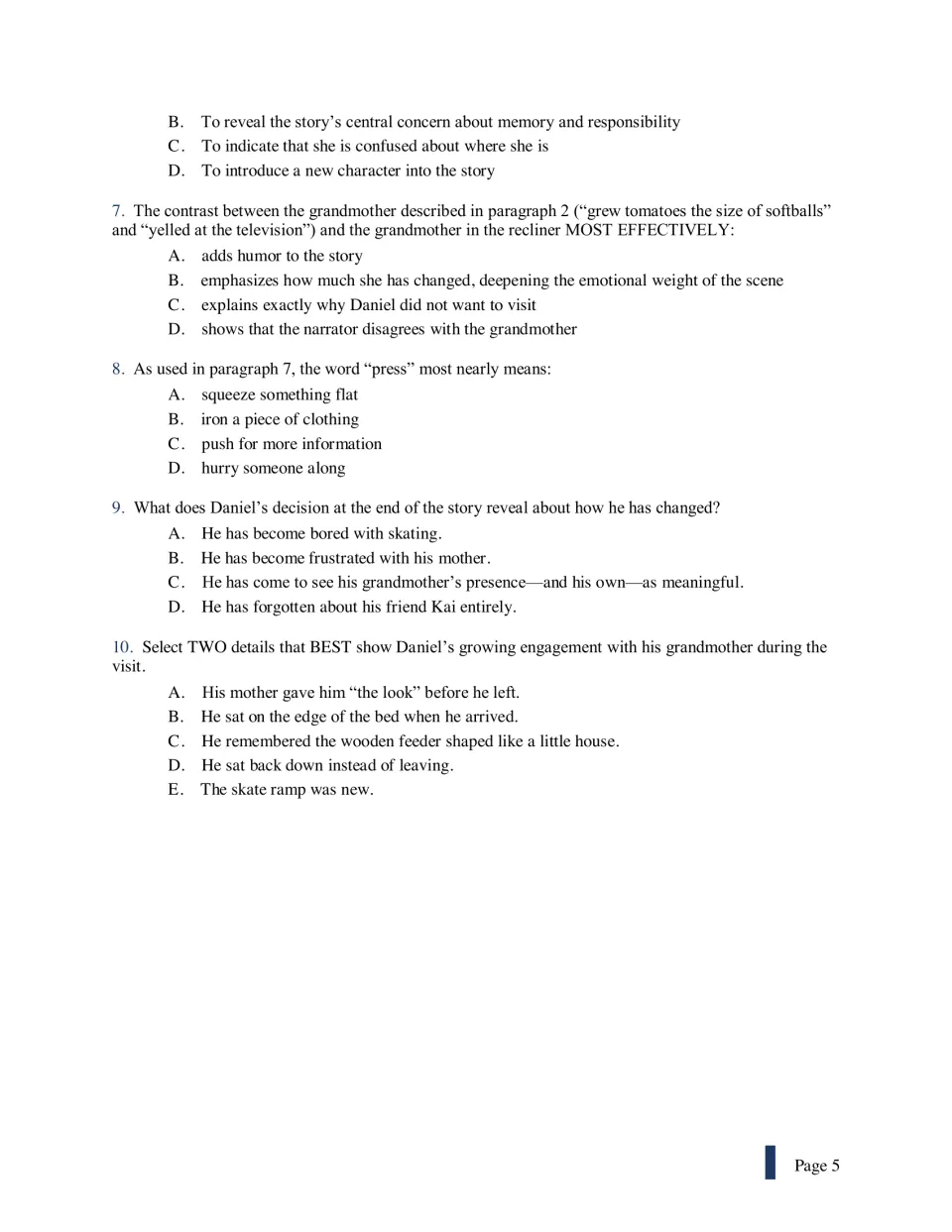Questions 6-10 continued: contrast, word meaning of press, Daniel's change, and a select-two item on his engagement