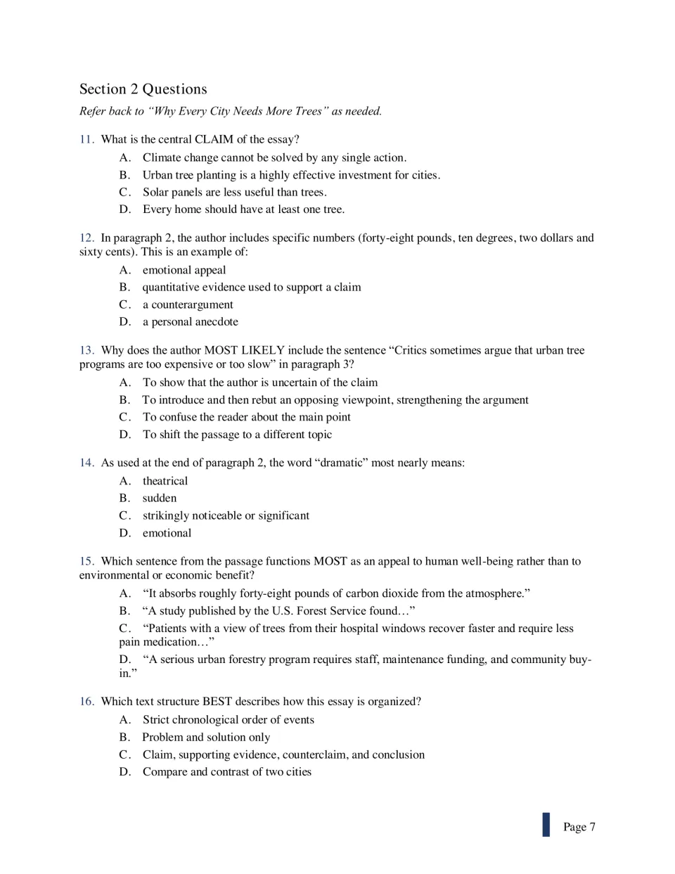 Questions 11-16 on the trees essay: central claim, quantitative evidence, counterargument, word meaning and text structure