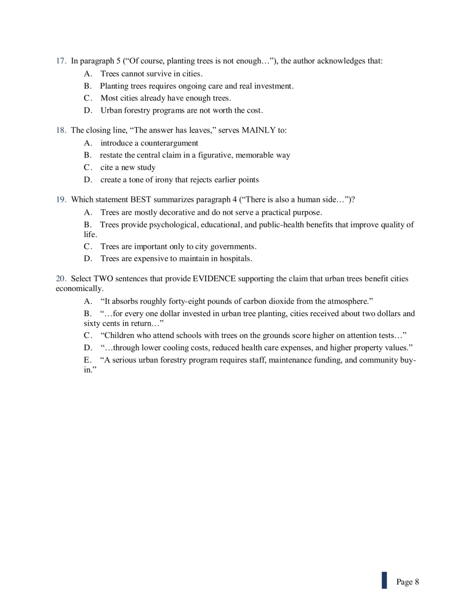 Questions 17-20 on the trees essay: acknowledging costs, the closing line, summarizing paragraph 4 and economic evidence