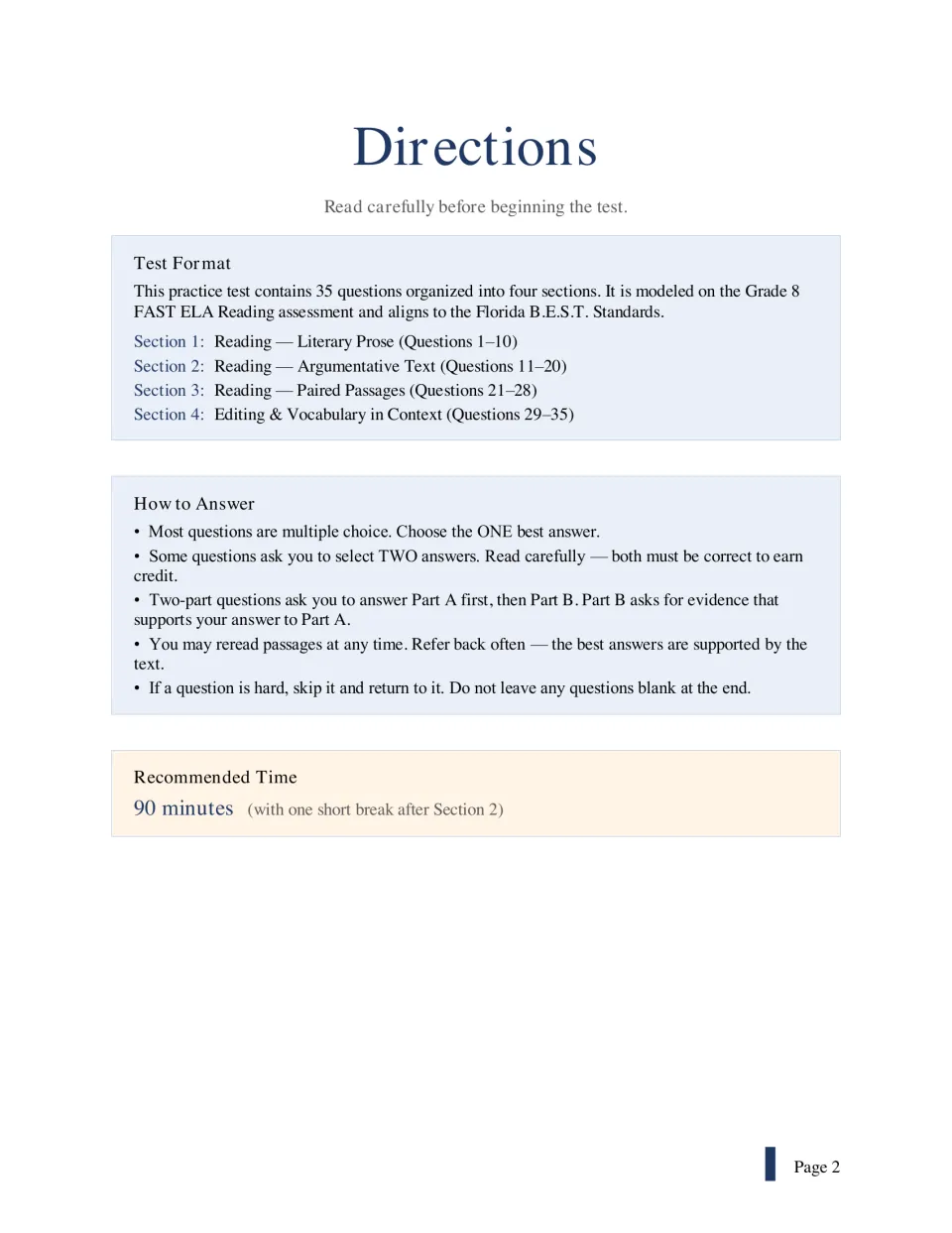 Test directions: four sections from literary prose to editing, how to answer two-part items, and a 90-minute time