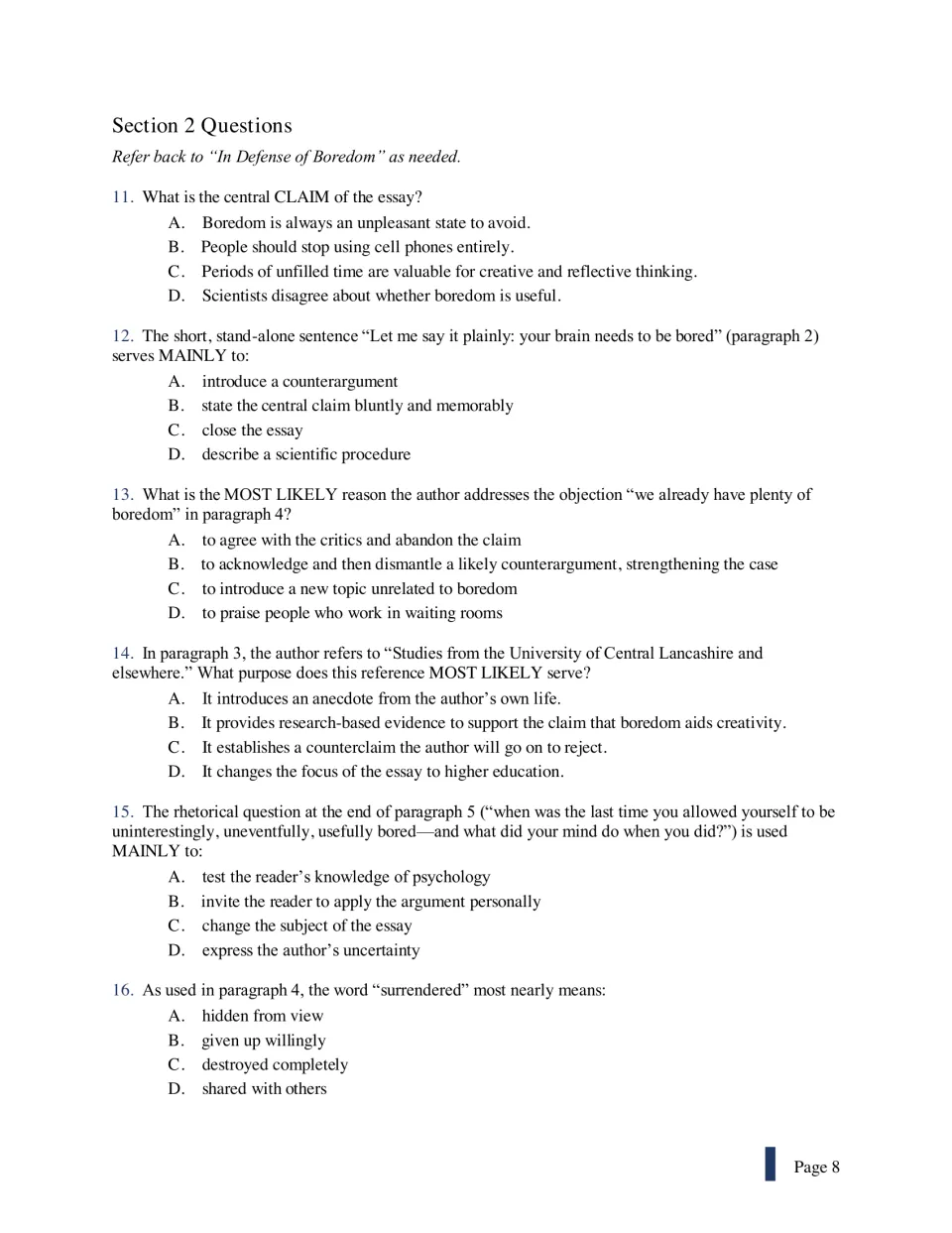 Section 2 questions 11–16 on the boredom essay: central claim, counterargument, research evidence, rhetorical question