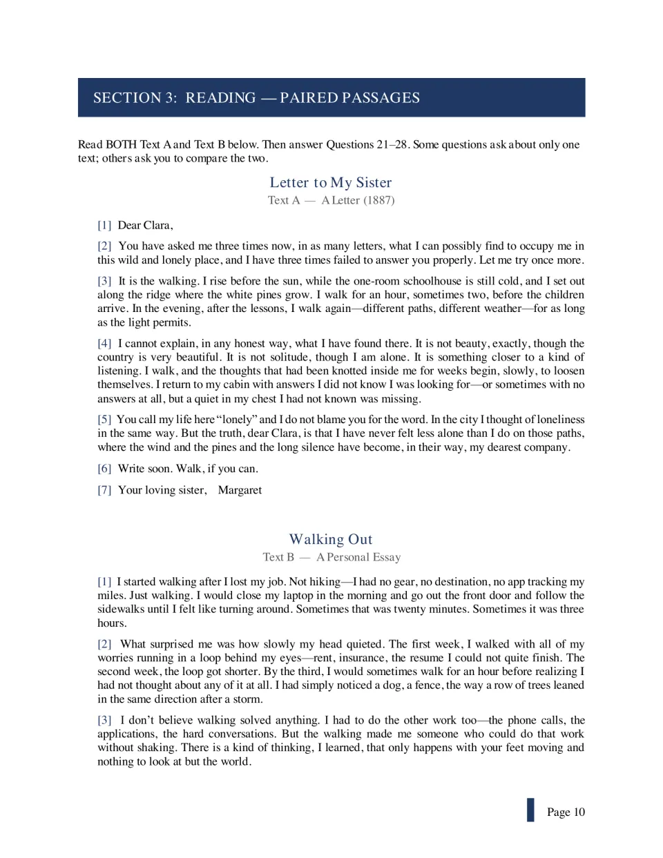 Paired passages: students read an 1887 letter, Letter to My Sister, and the essay Walking Out, both about walking to think
