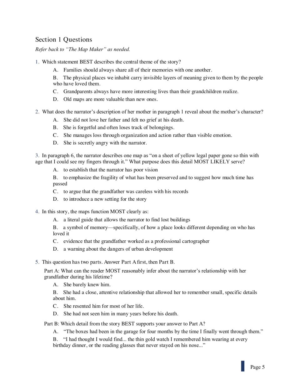 Section 1 questions 1-5 on The Map Maker: theme, character, purpose of a detail, symbolism and a two-part inference