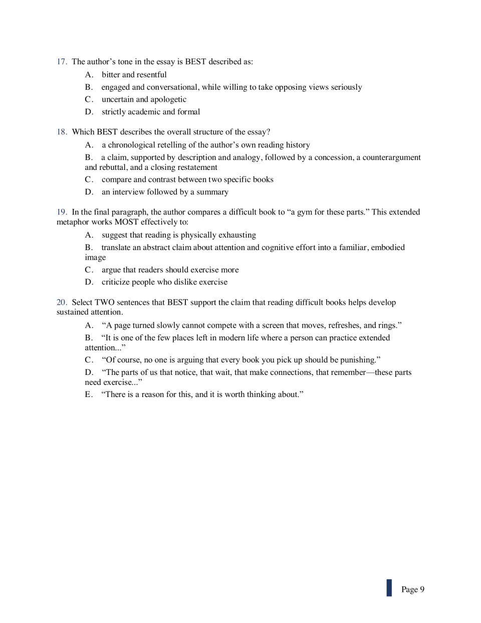 Questions 17-20 on the difficult-books essay: author's tone, essay structure, gym metaphor and a select-two evidence item