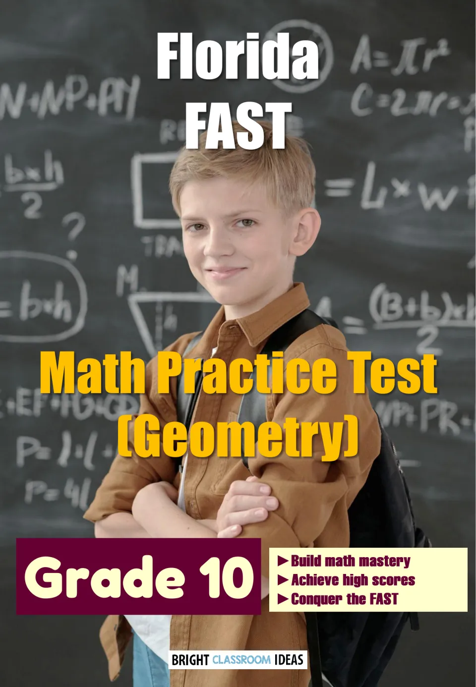 Florida FAST Geometry math practice test cover for Grade 10, showing a student in front of a chalkboard of area formulas