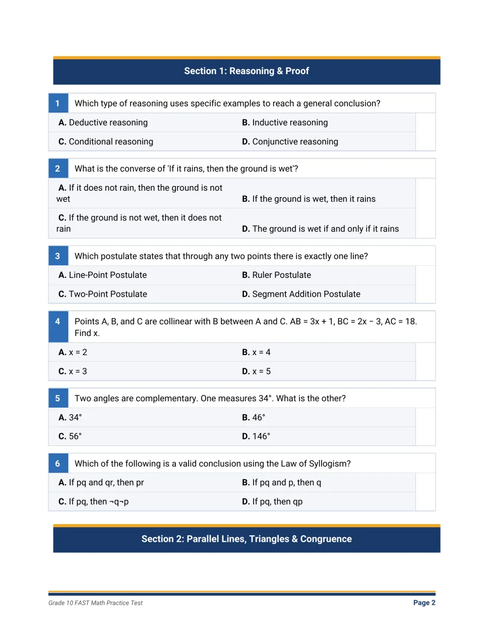 Reasoning and proof, questions 1-6: inductive reasoning, converses, postulates, segment addition and complementary angles