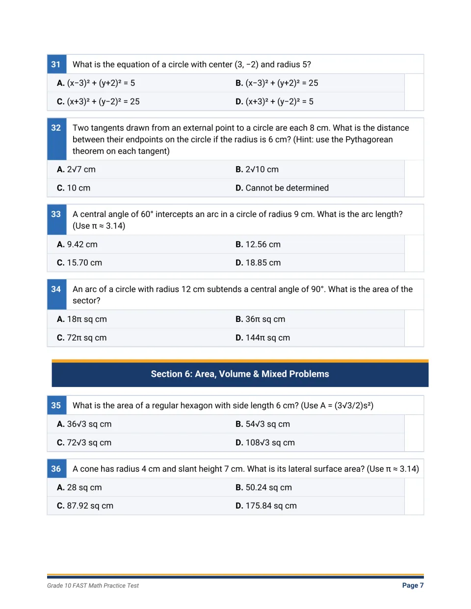 Questions 31-36 on circle equations, tangent segments, arc length and sector area, then a regular hexagon and a cone