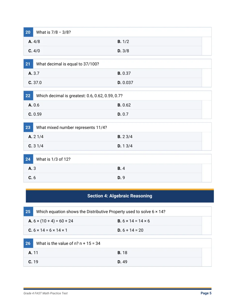Fractions and decimals, then algebraic reasoning: subtract eighths, convert 37/100, find 1/3 of 12, solve n + 15 = 34