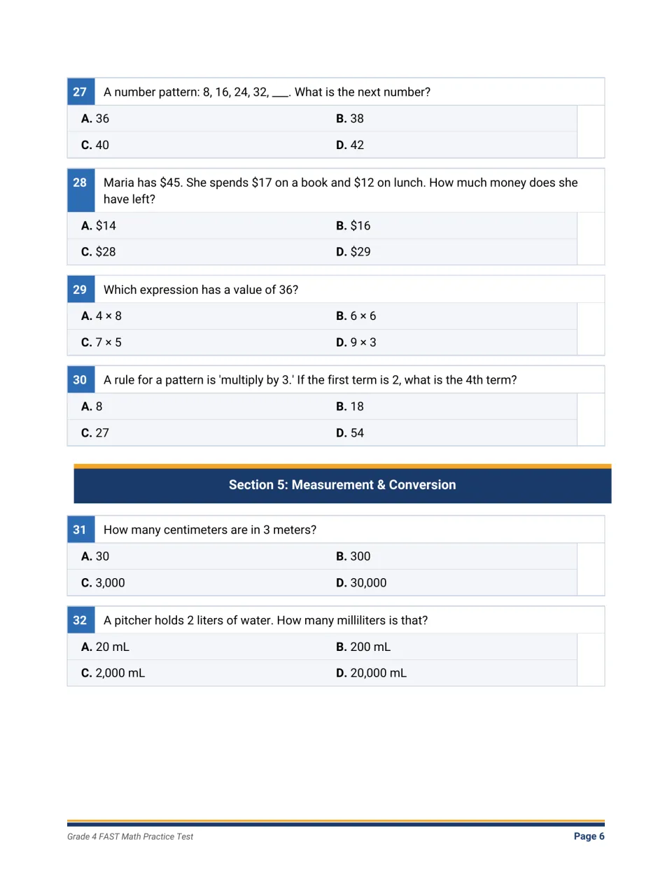 Patterns and money word problems, then measurement: students convert meters to centimeters and liters to milliliters