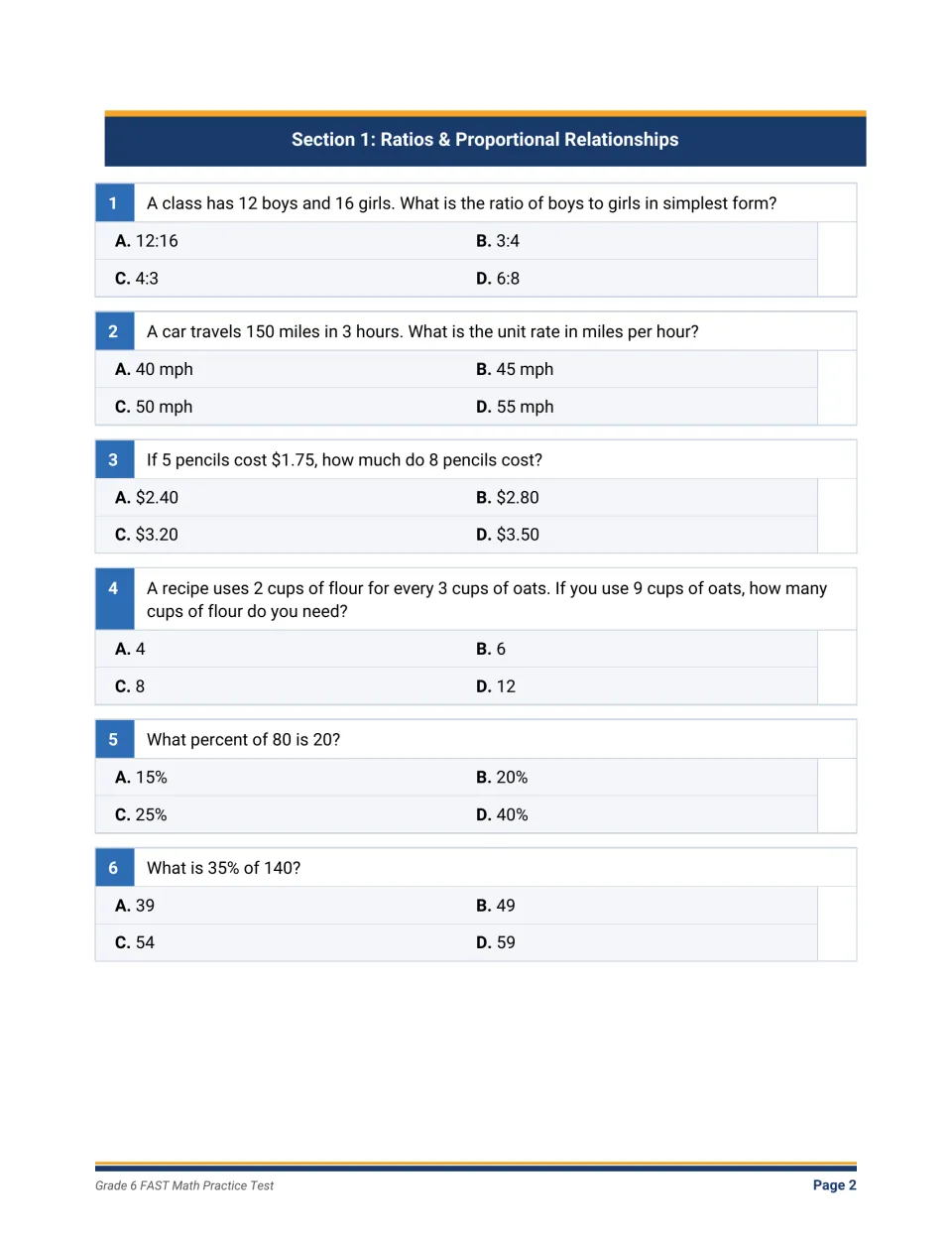 Ratios and proportional relationships: students answer 6 multiple-choice items on simplest ratios, unit rates and percents