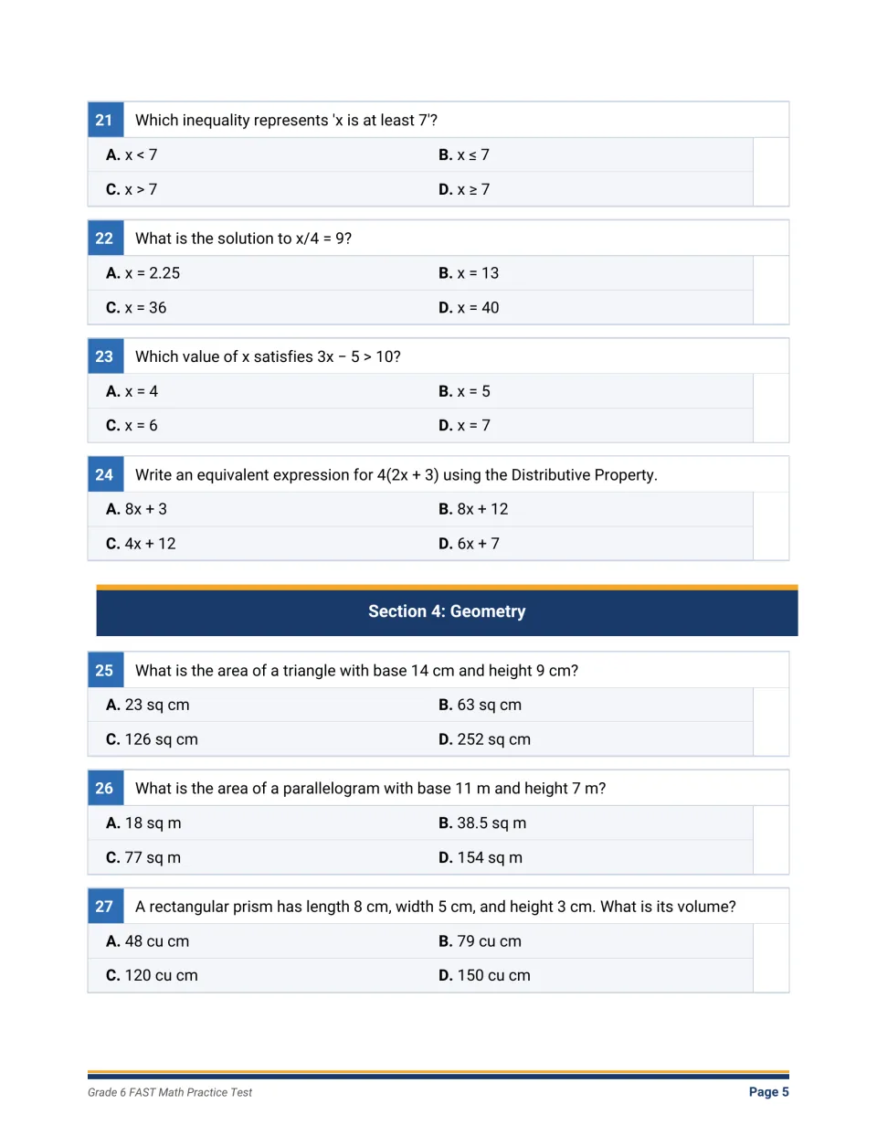 Inequalities and the distributive property, then geometry: triangle and parallelogram area and rectangular prism volume