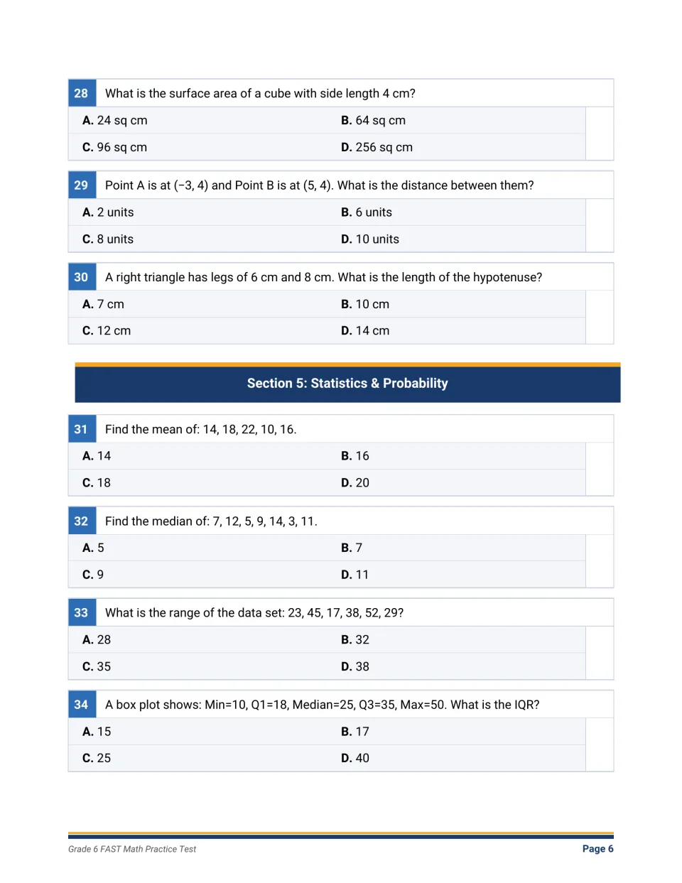 Geometry and statistics: students find cube surface area, coordinate distance, hypotenuse, mean, median, range and IQR