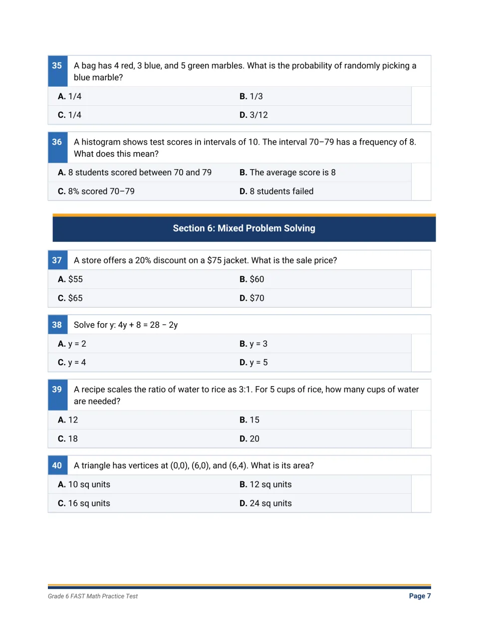 Probability and mixed problem solving: students answer marble probability, histogram, discount, equation and area items