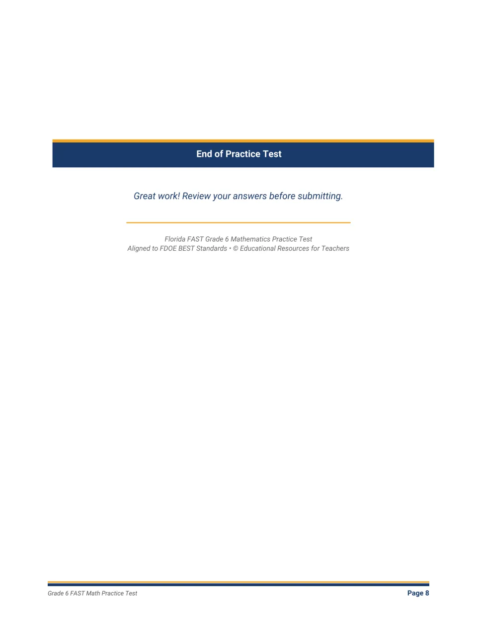 End of practice test page reminding students to review their answers before submitting, with a copyright line