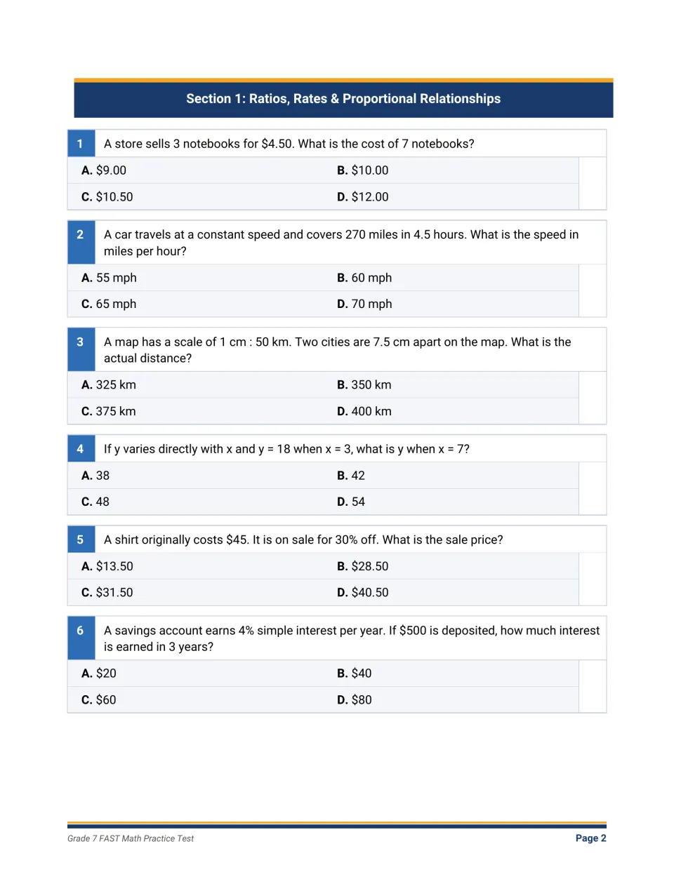 Ratios, rates and proportions: six multiple-choice problems on unit price, speed, map scale, discounts and interest