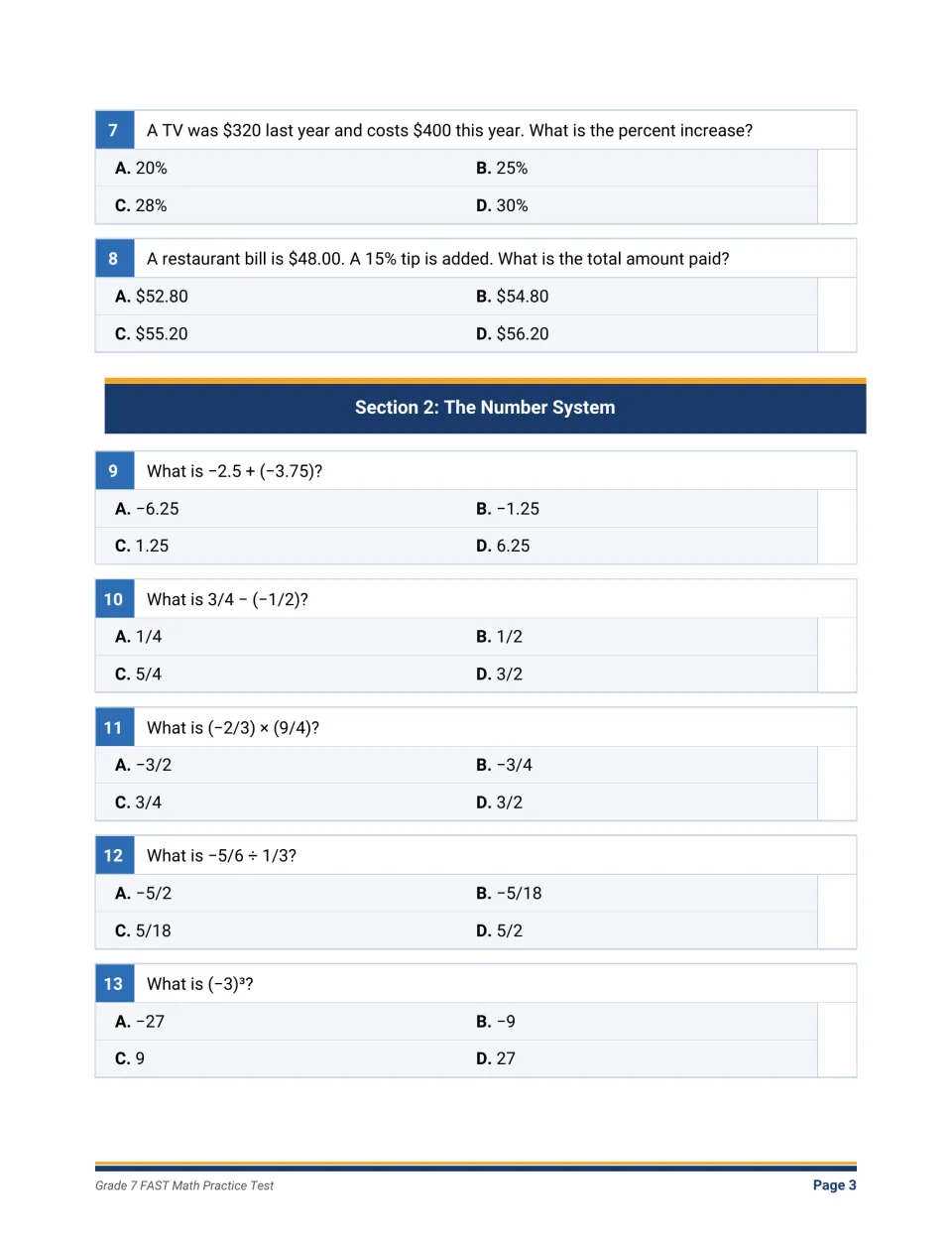 Percent increase and tip problems, then Number System: add, subtract, multiply and divide rational numbers and powers