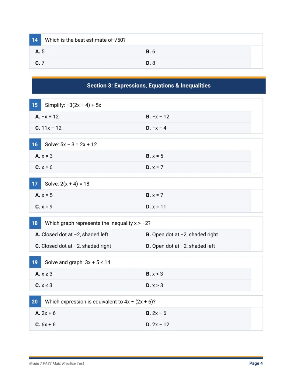 Square root estimate, then expressions and equations: simplify, solve linear equations and pick inequality graphs