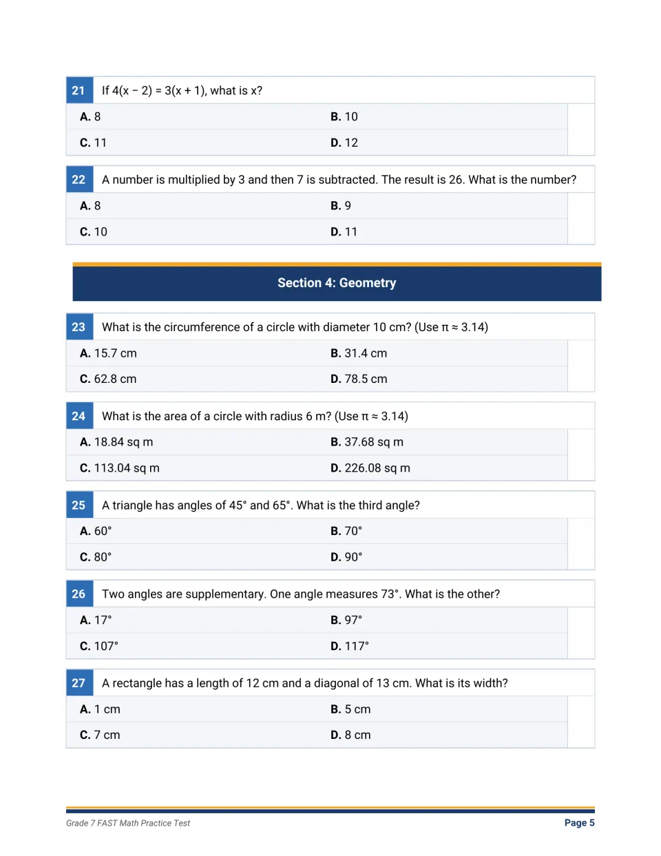 Two equation word problems, then geometry on circle circumference and area, triangle angles and a rectangle's width