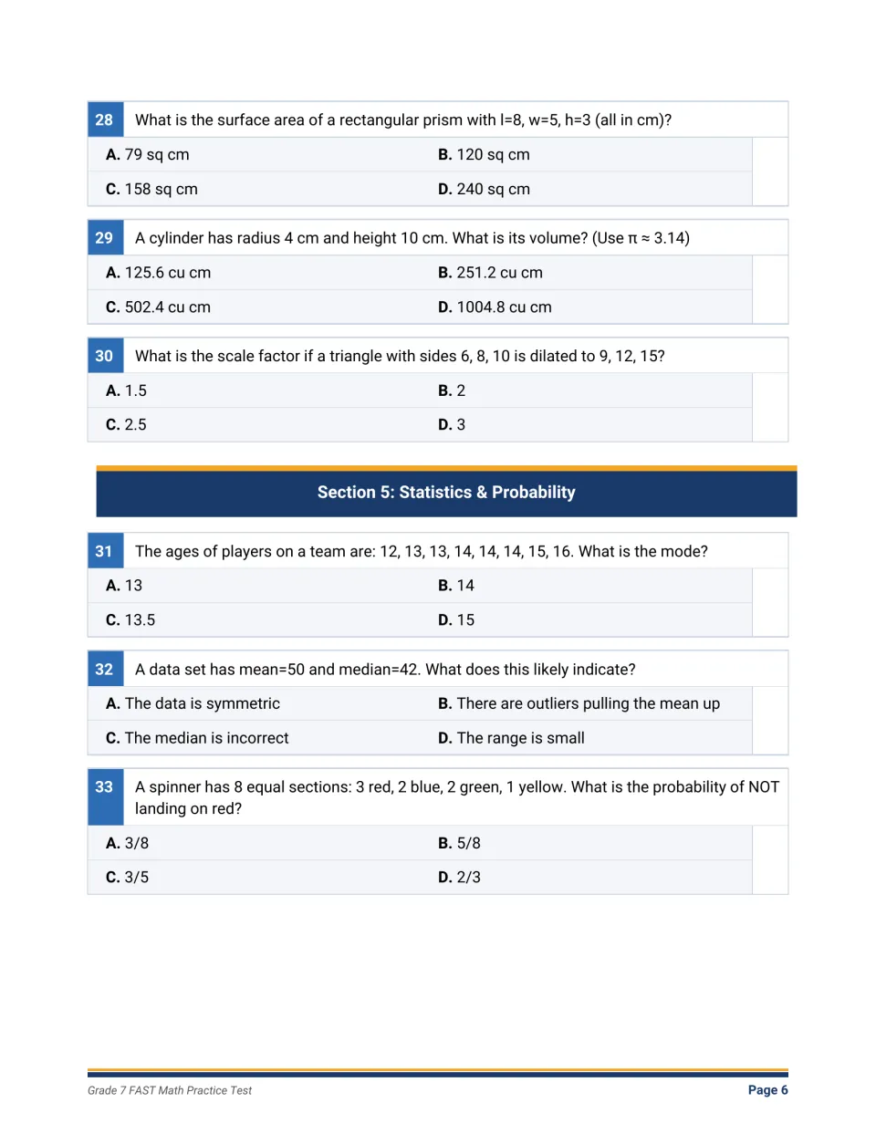 Prism surface area, cylinder volume and scale factor, then statistics: mode, mean versus median and a spinner probability