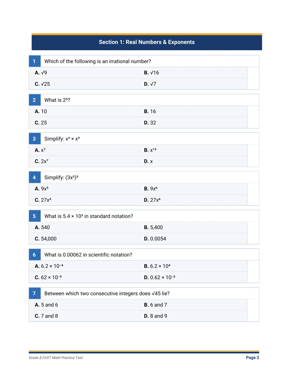 Real numbers and exponents: students choose answers on irrational numbers, exponent rules and scientific notation