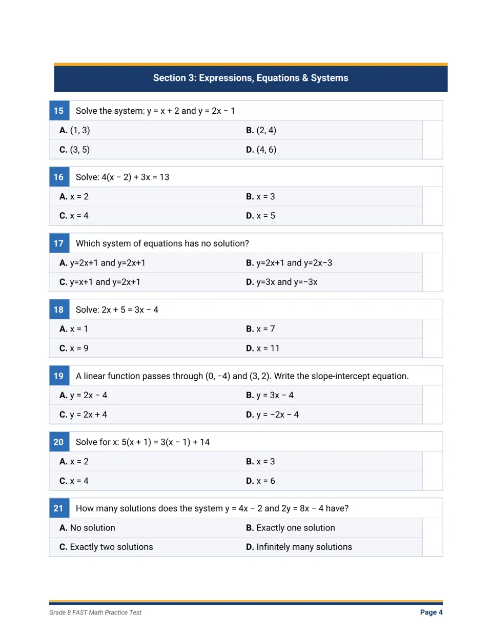 Systems and equations: students solve multi-step linear equations and systems, and count solutions in items 15-21