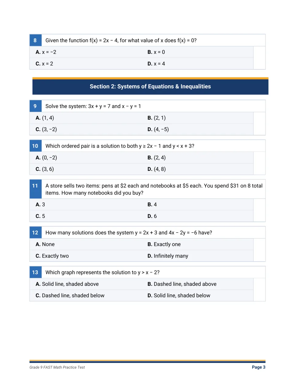 Systems of equations and inequalities: students solve systems, test ordered pairs, count solutions and pick a graph