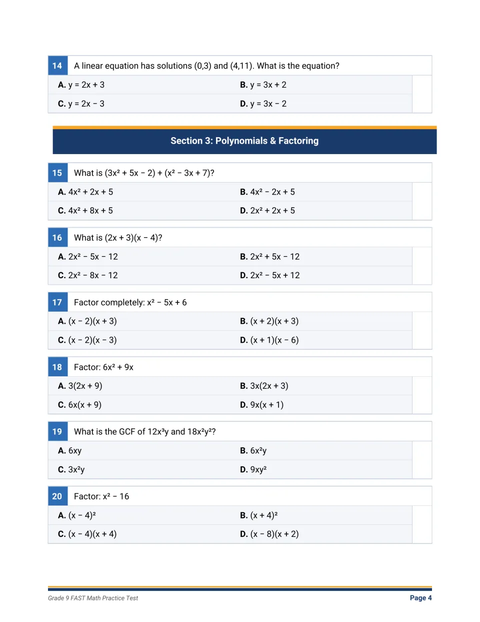 Polynomials and factoring: students add and multiply polynomials, factor trinomials, find a GCF and factor x² − 16