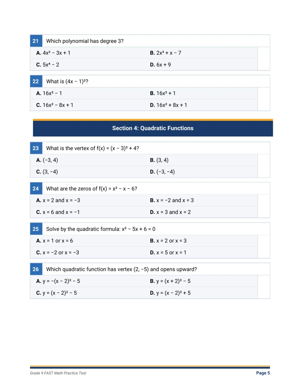 Quadratic functions: students find a vertex, zeros and quadratic-formula solutions, after two polynomial items