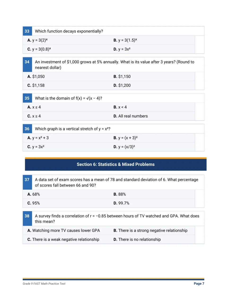 Exponential decay and statistics: students pick decay models, compute 5% interest, use standard deviation and correlation