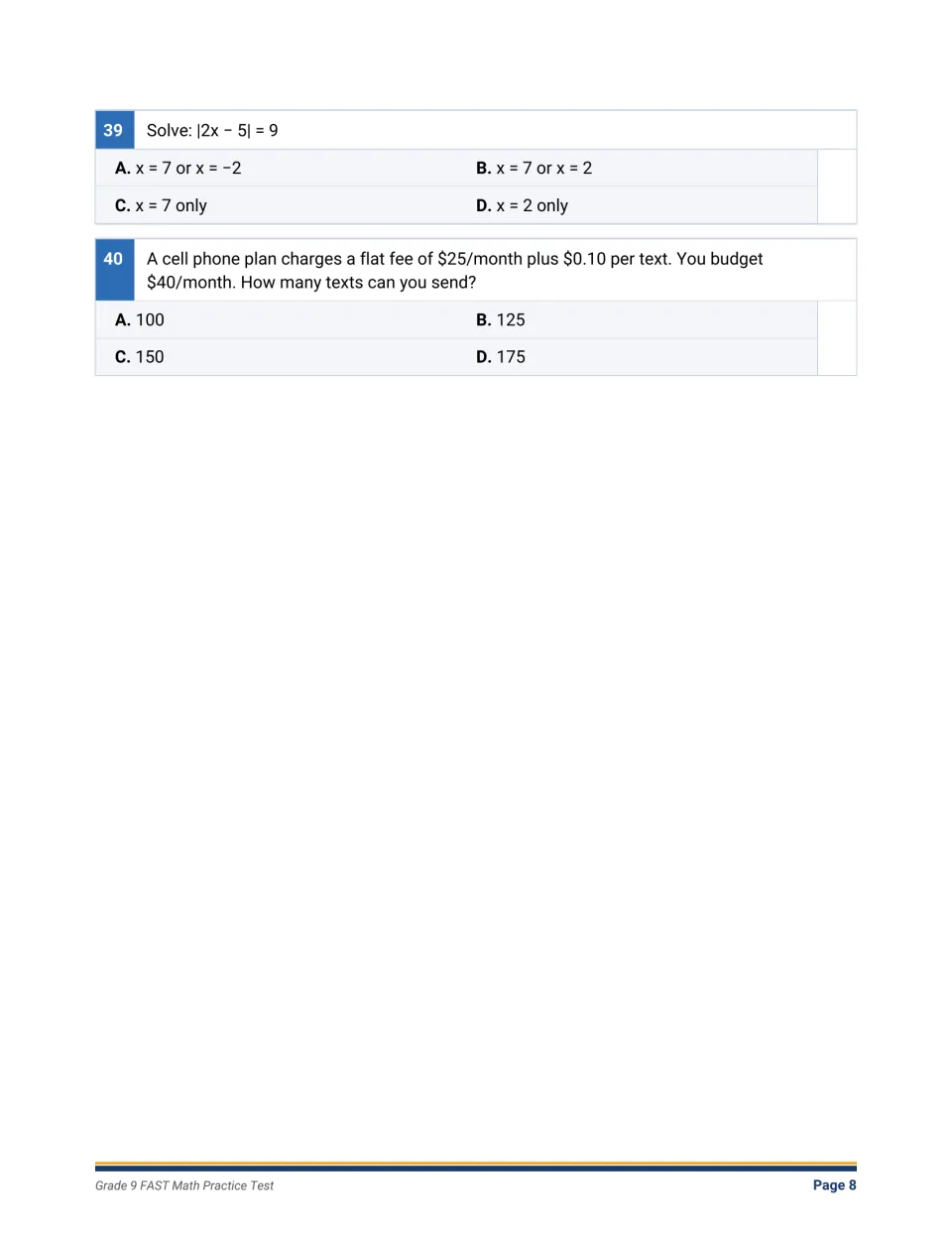 Final two questions: students solve the absolute value equation |2x − 5| = 9 and a cell phone plan budget word problem