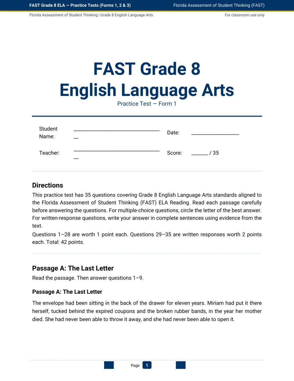 Form 1 opening page: Grade 8 ELA test directions, scoring information, and the start of The Last Letter