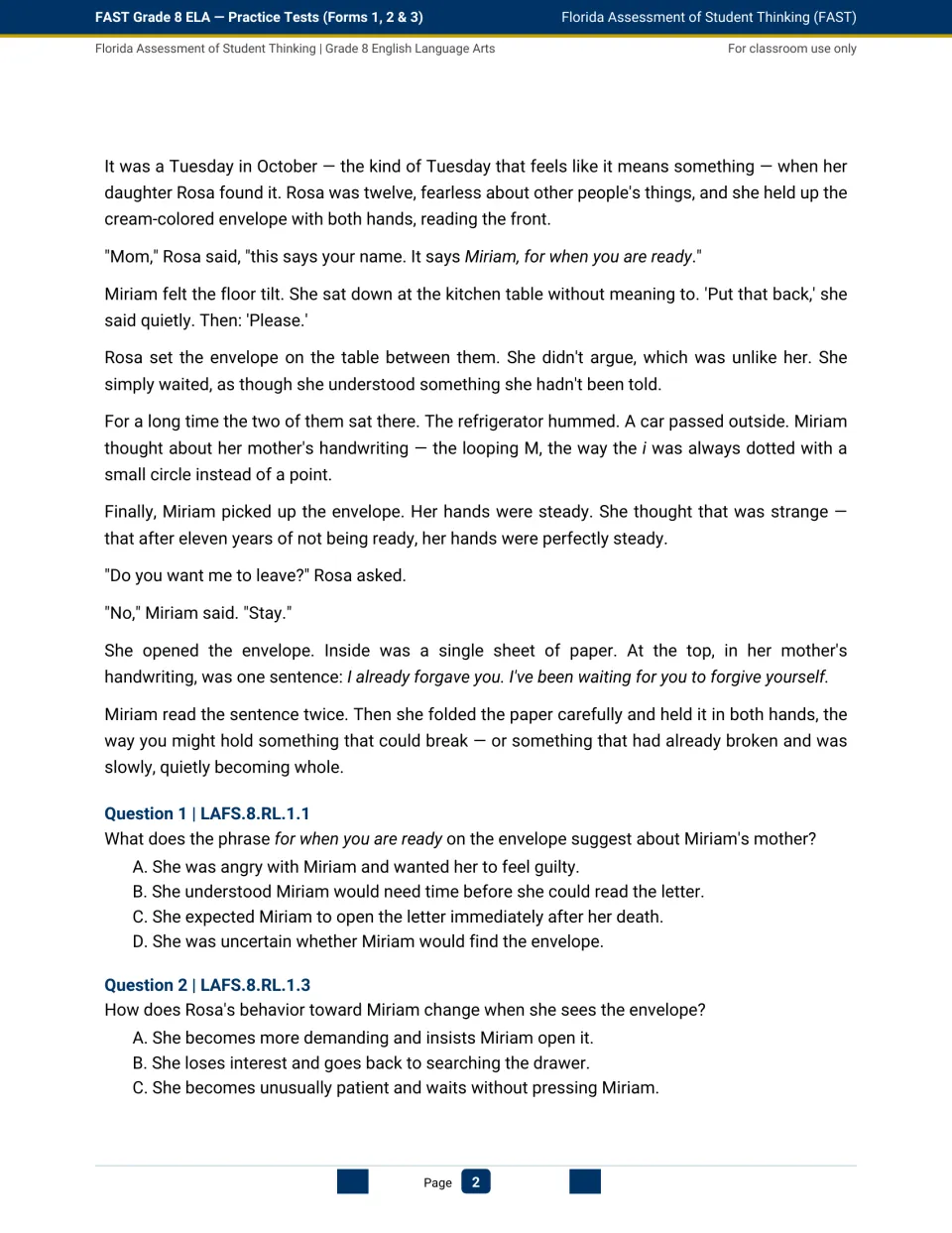 Form 1 continues The Last Letter as Miriam opens her mother's message, followed by questions 1 and 2