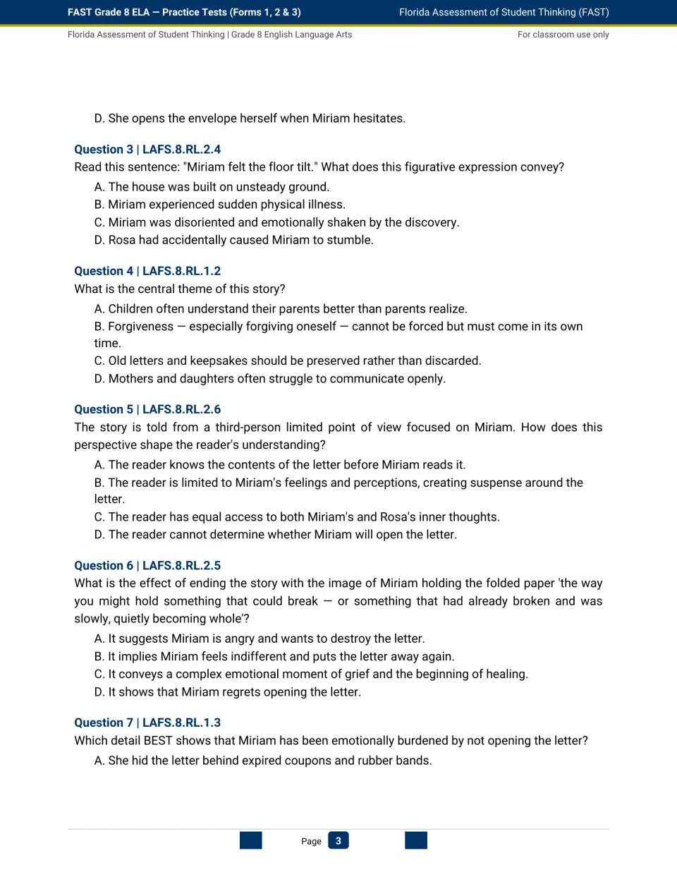 Form 1 questions 3–7 on The Last Letter examine figurative language, theme, point of view, and emotion